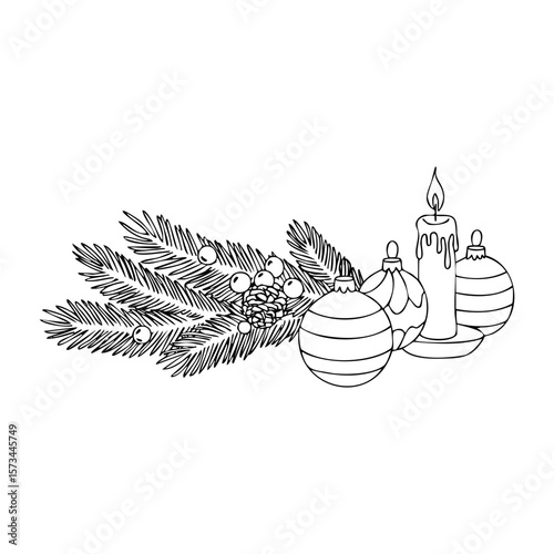 Christmas candle and ornament arrangement with pine branches and cones. Vector hand-drawn doodle illustration