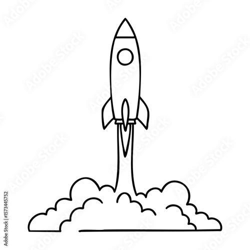 Outline drawing of rocket launching with clouds. Vector hand-drawn doodle illustration