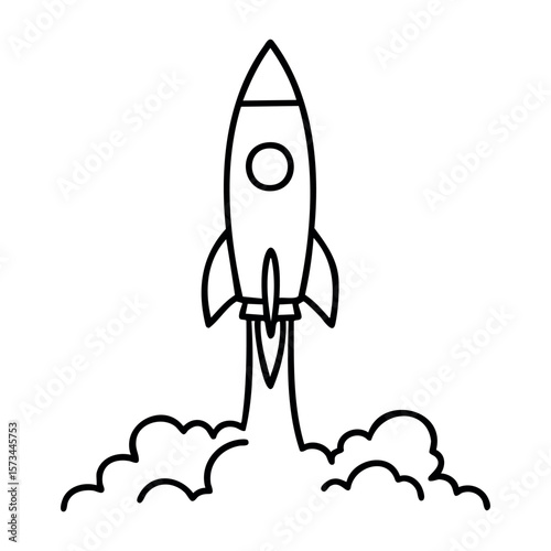 Outline drawing of rocket launch with smoke. Vector hand-drawn doodle illustration