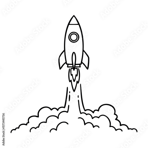 Outline of a rocket launch with vibrant exhaust illustration. Vector hand-drawn doodle illustration