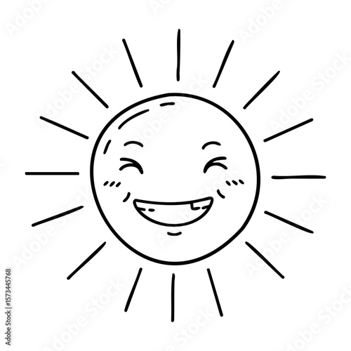 Smiling sun drawing with radiant rays and cheerful expression. Vector hand-drawn doodle illustration