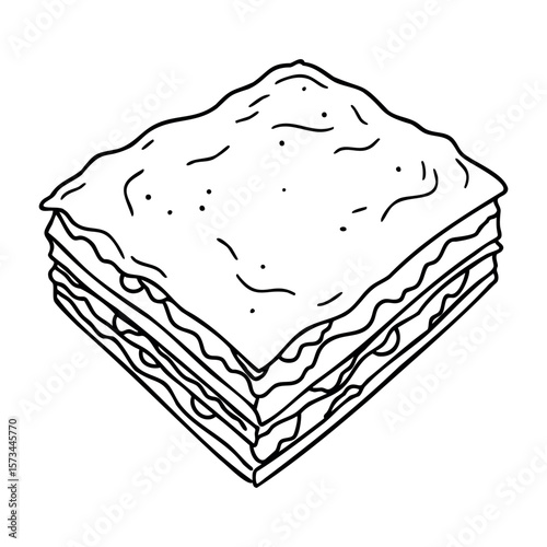 Line art of classic lasagna slice with layered pasta and cheese. Vector hand-drawn doodle illustration