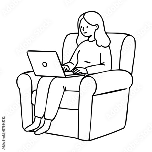 Young caucasian female using laptop while relaxing in armchair. Vector hand-drawn doodle illustration