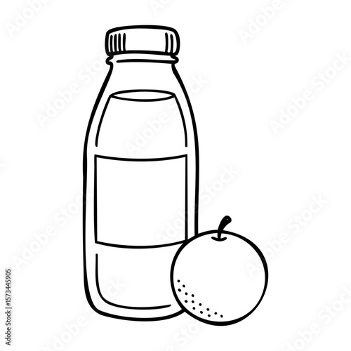 Apple juice bottle with crisp apple drawing in black and white. Vector hand-drawn doodle illustration