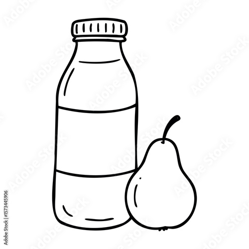Hand-drawn pear with juice bottle artwork in simple black line style. Vector hand-drawn doodle illustration