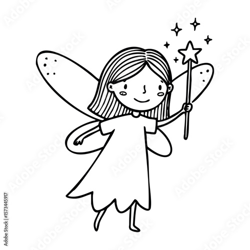 Cartoon fairy holding wand with stars. Vector hand-drawn doodle illustration