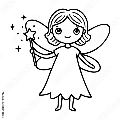 Cute young girl fairy with wings and wand line art. Vector hand-drawn doodle illustration