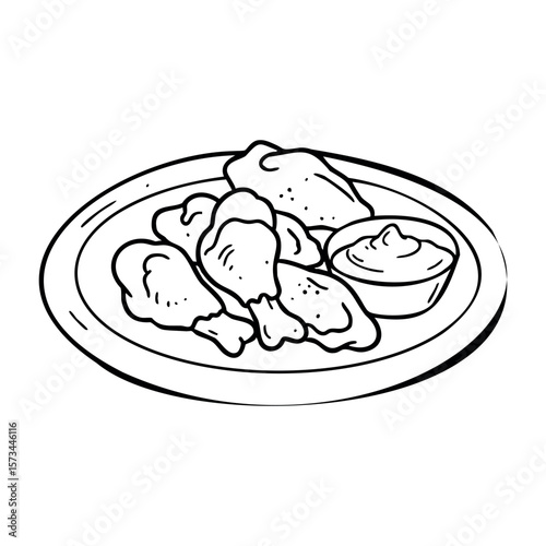 Plate of chicken wings with dipping sauce sketched in black and white outline. Vector hand-drawn doodle illustration