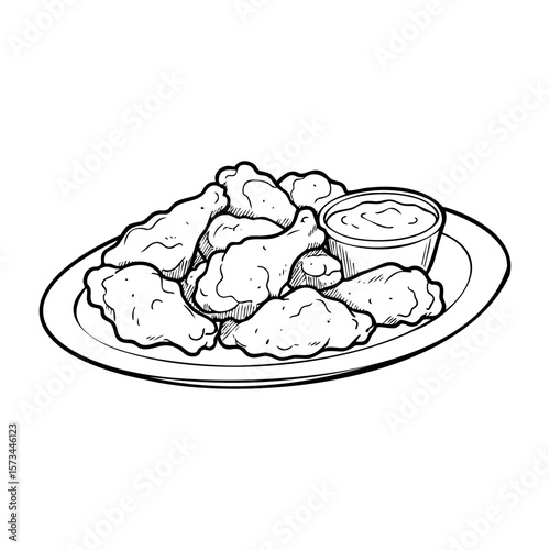 Plate of crispy chicken wings with dipping sauce. Vector hand-drawn doodle illustration