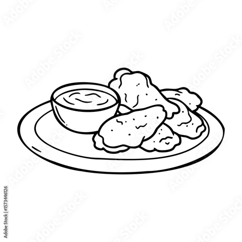 Plate of fried chicken wings with dipping sauce. Vector hand-drawn doodle illustration
