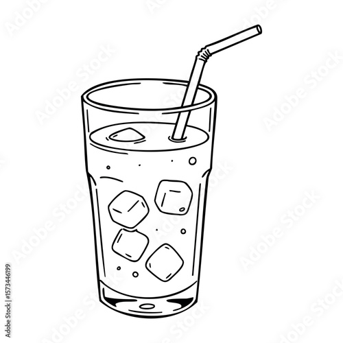 Illustration of iced beverage in tall glass with straw. Vector hand-drawn doodle illustration
