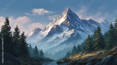 Digital painting of mountains and a river