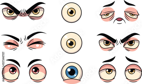 Cartoon eye expression set, twelve stylized eye pairs, various emotions, squinting, sleepy, wide-eyed, angry, colorful pupils, vector illustration, character design icons