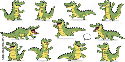 Cartoon crocodile character set, eleven green crocodiles, various action poses, waving, walking, running, smiling expressions, yellow belly detail, vector illustration, animal design