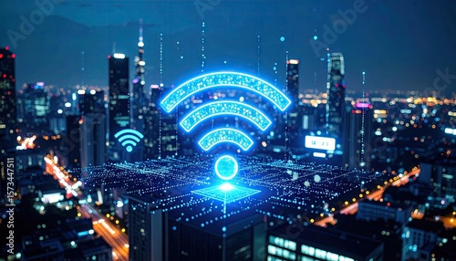 Cityscape at night with glowing wifi symbol
