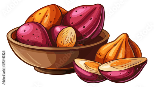  close up Smooth organic sweet potatoes, reddish-brown and freshly cleaned, sit in a bowl with slices nearby, offering warmth and comfort through earthy tones, ideal for healthy food illustration them
