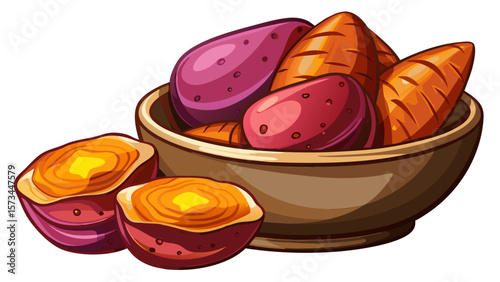  close up Smooth organic sweet potatoes, reddish-brown and freshly cleaned, sit in a bowl with slices nearby, offering warmth and comfort through earthy tones, ideal for healthy food illustration them