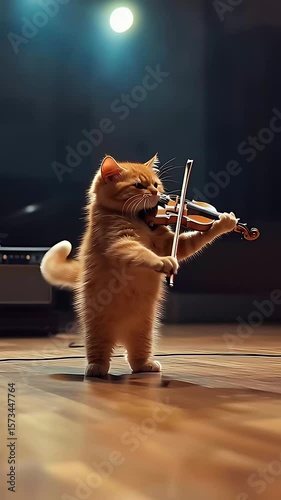 Adorable orange cat playing violin