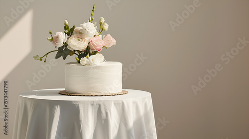 A simple white cake decorated with flowers on a table with a white tablecloth in soft light