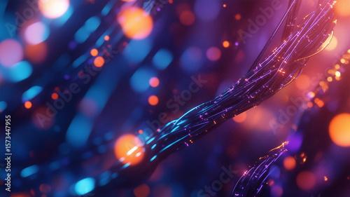 Close-up of Abstract Twisted Fibre Optic Cables with Glowing Light Particles