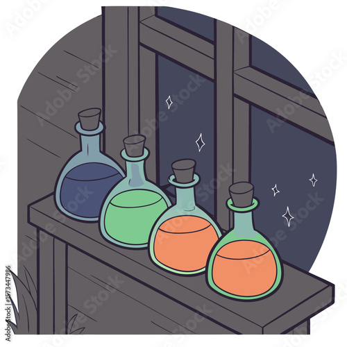 Four colorful potion bottles filled with magical liquids sit on a wooden shelf in front of a dark window with sparkling stars in the night sky