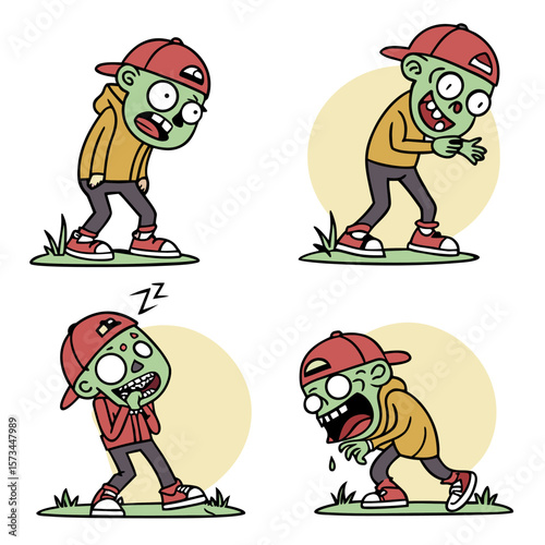Four cartoon zombies in different poses and expressions one sleeping one groaning one reaching out and one with drool all wearing red caps and casual clothing on a white background with yellow circles