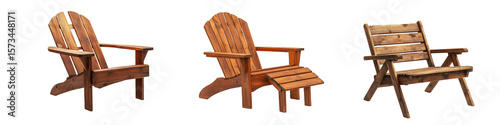 Set of three rustic wooden outdoor chairs with slanted backs and wide armrests, isolated on transparent background.