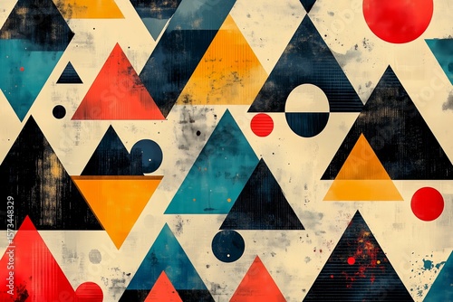 Vintage-style geometric pattern with colorful triangles and circles in red, yellow, and teal on a textured beige background.