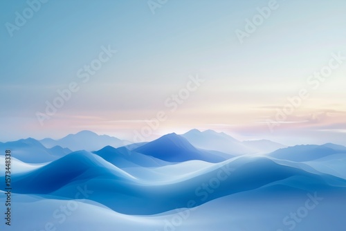 Abstract winter landscape with soft blue mountain shapes and pastel sky at sunrise, dreamy and minimal composition.