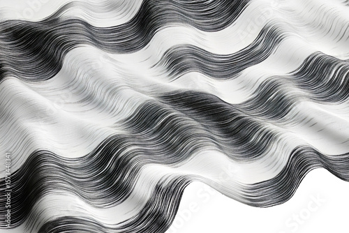 Black and white abstract wavy lines creating a 3D flowing texture, isolated on transparent background.
