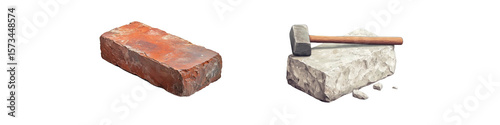 Two construction materials isolated on a transparent background — a single red clay brick with weathered texture, and a chisel hammer resting on a rough stone block with chipped fragments around it.