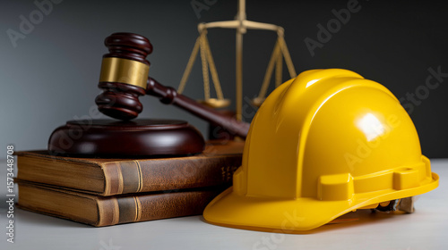 Judge's hammer and helmet Law and Justice about labor law concept Construction law.