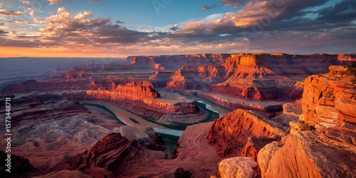 Epic Canyon Landscape at Sunset – Majestic Red Rock Formations and Meandering River in Golden Light, Scenic Natural Wonder, Adventure Destination, Ideal for Travel, Nature, and Western-Themed Use
