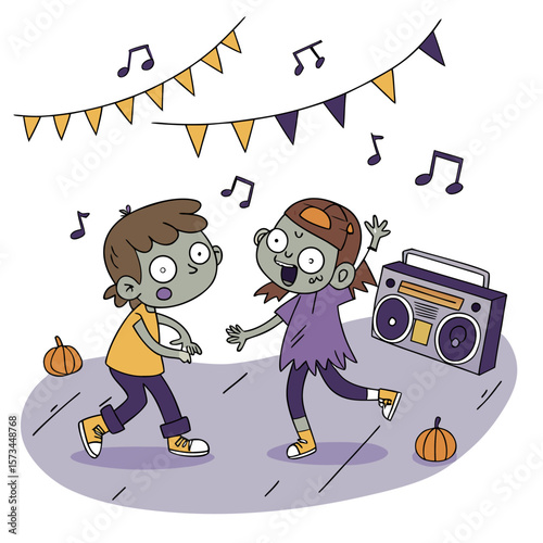 Two cartoon zombies joyfully dancing to music from a boombox at a halloween party decorated with festive bunting and pumpkins