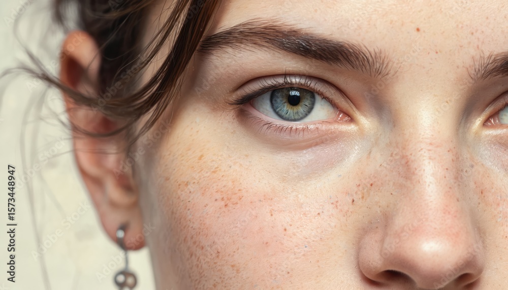 Fototapeta premium Close-up portrait of young woman with freckles, striking blue eyes. Natural beauty shines through with gentle expression. Soft sunlight illuminates skin, emphasizing healthy, glowing complexion.