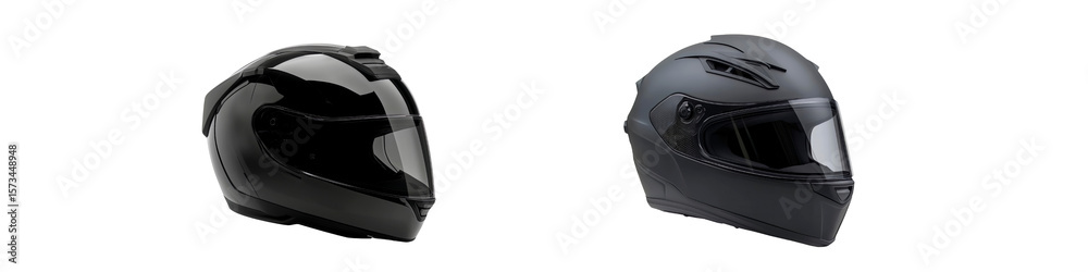 Fototapeta premium Two motorcycle helmets, one glossy black and one matte black, side by side on white, transparent background.