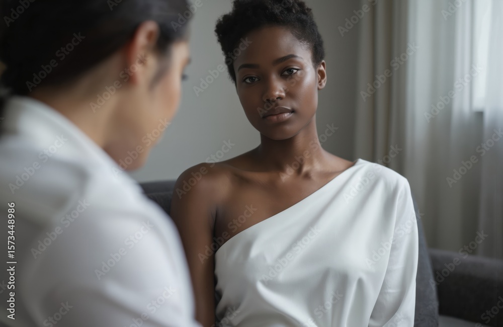 Obraz premium Young African American woman consultation with psychologist, discussing mental health. Client appears thoughtful, engaged in conversation with therapist, seeking help, advice during therapy session.