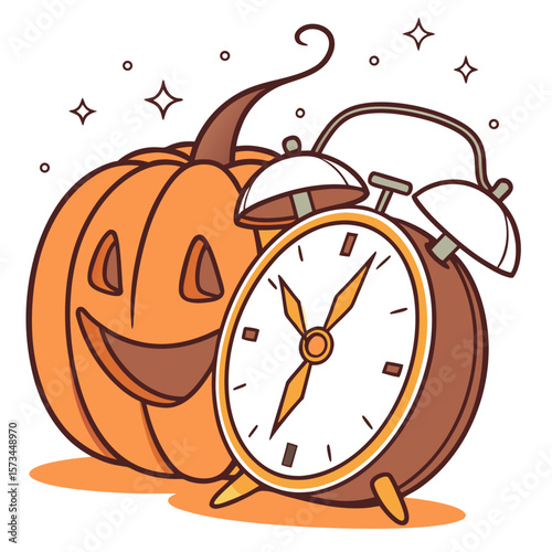 A cheerful jack o lantern with a wide grin stands next to a vintage alarm clock symbolizing the approaching halloween holiday and the passing of time