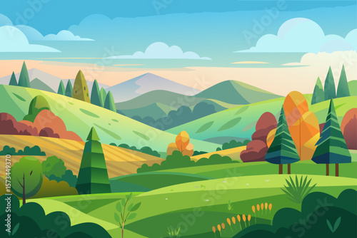 Autumn Landscape Rolling Hills, Colorful Trees, and Serene Mountains