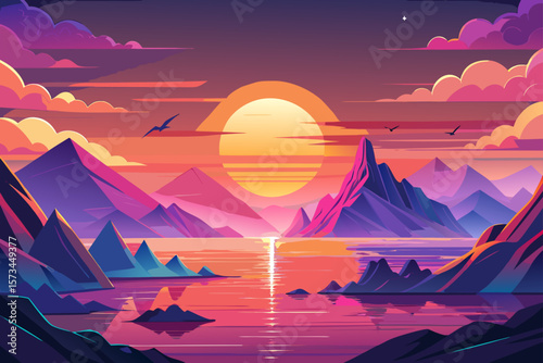 Vibrant Sunset Landscape Mountains, Water, and a Serene Sky