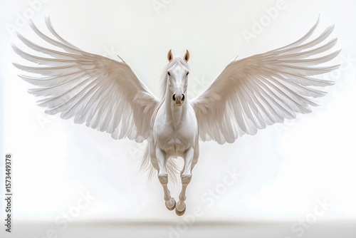 Majestic white pegasus with wide spread wings flying forward in a surreal, bright environment, fantasy concept.