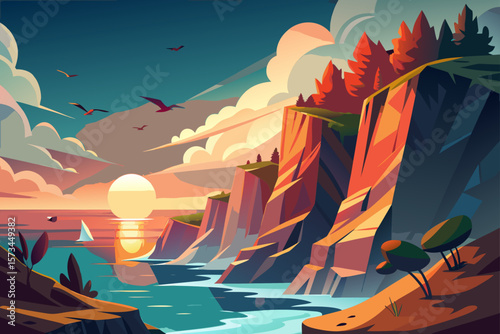 Sunset over Coastal Cliffs A Serene Landscape Illustration