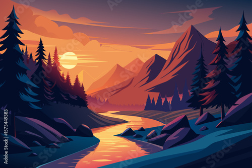Majestic Sunset Over Mountain River A Serene Landscape Illustration
