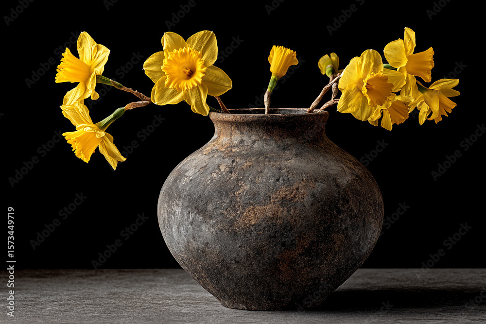 Obraz premium Rustykalny bukiet żółtych narcyzów w starej, glinianej wazie na ciemnym tle. Prosta kompozycja podkreśla naturalne piękno kwiatów i surowość naczynia.