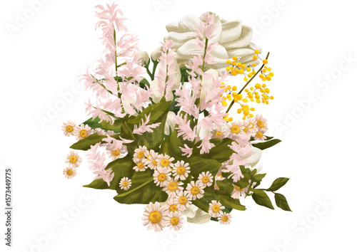 Hand Drawn Delicate Spring Flowers Arrangement in White Background Illustration