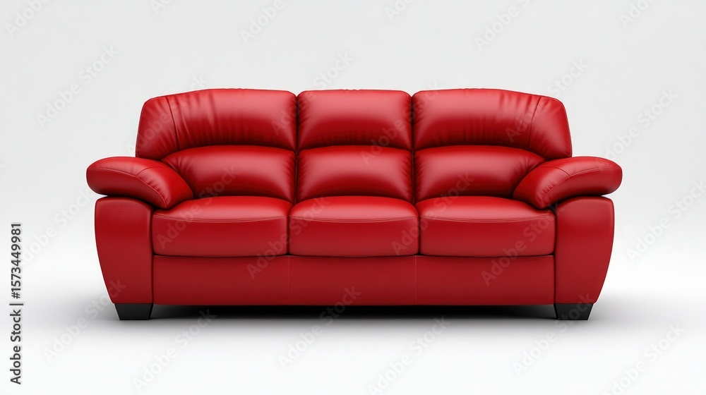 Fototapeta premium Red leather couch standing in white room, front view 