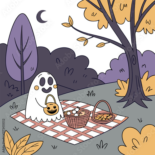 A cute cartoon ghost enjoying a halloween picnic in a park with a basket full of treats under a crescent moon and autumn trees