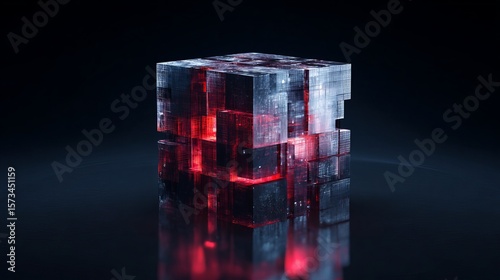 Futuristic glowing cube emitting red light on reflective surface against a dark background makes an impression.
