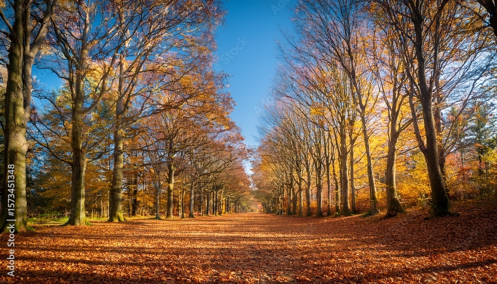 Fototapeta premium a serene forest path lined with trees and fallen leaves under a clear blue sky