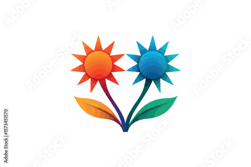 Sun colorful twin head logo white gradient vector on white background.01